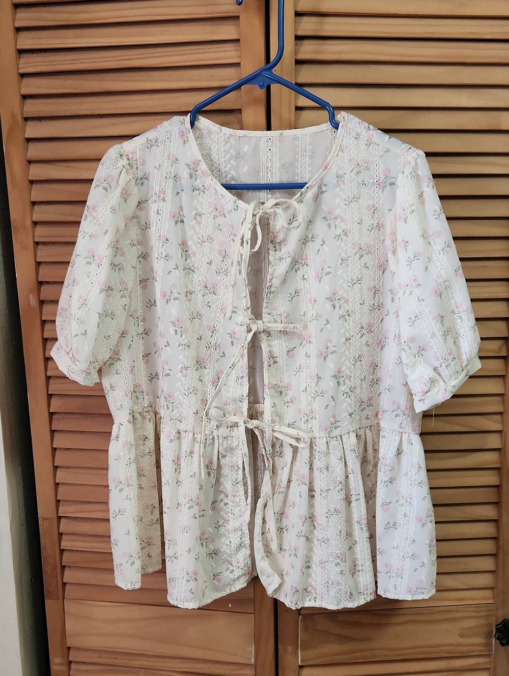 Floral Tie-Front Peasant Top in Soft White and Pink